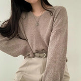 Solid Color V-Neck Oversized Knitted Tee-Outfit