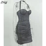 Sexy Bright Silk Shiny Women Dress Silver Backless High Waist Halter Dresses Female Autumn Skinny Elegant Party