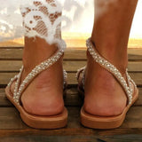 Summer New Toe Beaded Sandals Women Flat Bottom Water Drill Large Beach Cool Slippers