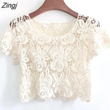 Women Hollow Out Cropped All-match Summer Elegant Lady O-neck Short Sleeve Sun-proof Clothing Leisure Female Tops