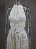 Halterneck Ruched Open Back Tie Up Top And Maxi Skirt Set-Outfit