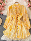 Vintage Women Pleated Chiffon Mini Dress Elegant V-Neck Draped Single Breasted Ruffle Vestidos Sexy Party Robe 2023