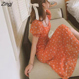 Women Casual Mid-calf Elegant French Square Collar Sweet Puff Sleeve Fairy Abdomen Female High Slit Orange Floral