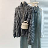 Women's Cotton Cashmere Lattice Half-High-Collar Sweater Korean Version Of The Student's Dress Dress Nice Hair Knitted