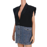 New Cowboy Splicing Colliding With Colored Shoulder Cotton Suit Sleeveless Vest Coat Female