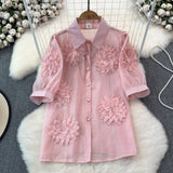 Zingj Heavy Industry Three-Dimensional Flower Splicing Bubble Sleeve Super Fairy Short Sleeve Shirt Fashion Loose Micro Transparent Temperament Jacket