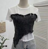 Shooting Denim Splicing Mesh Yarn Short-Sleeved T-Shirt Summer Dress Irregularly Short High-Waist Repair Body Coat