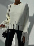 Tassel Knit Women Sweater Ripped Hole Hem Autumn Winter Loose Casual Female Pullover Fashion Long Sleeve Lady