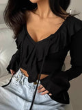 2025 New Solid-Colored Lotus Side Knitted Shirt Women's Short Sexy Hot Girl Fashion V Collar