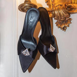 Large-Size Pointed High-Heeled Sandals Women 2025 Summer New Silk Satin Water Drill Fairy Wind And