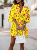 Women V Neck Party Dress Commuter Fashion Print Beach Mini Dress Lady Elegant Lace-up Ruffle Office Dresses Woman