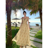 Zingj Tea Break Dress Female 2023 Summer Waist Show Thin Hepburn Style Temperament Floral Halter