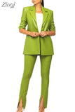 New PU Leather High-end Solid Suit Set Women Of Quality Office Lady 3/4 Sleeve Long Pants Slim Women 2 Piece