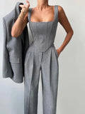 Women's Fashion Solid Color Waist Fish Bone Shoulder Suit Three-Piece Set Of Women Simple Commuting High-Waisted