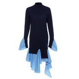 Autumn And Winter Retro Romantic Sleeves Casually Stum Irregular Splicing Splicing Color Knitted Dress