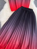 Women Pleated Two Piece Set Vintage Stand Collar Short Sleeve Draped Tops + High Waist Stretchy A-Line Skirt Suit