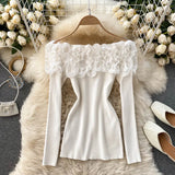 Slash Neck Off Shoulder Knitted Tops Women Elegant Purple/Red/White 3D Flower Long Sleeve Slim Shirt Female Blouse