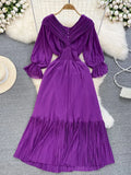 Pleated Party Midi Dress Women Sexy Slash Neck Off Shoulder Flare Long Sleeve Draped Ruffle Vestidos Female