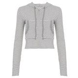 Fresh Sweet Spicy Wind Striped Hooded Collar Jacket With Thin Short Cardigan Long-Sleeved Top Autumn Dress