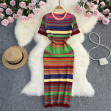 Zingj Socialite Wind Temperament Short Sleeve Rainbow Stripe Round Collar Waist Show Thin Long Knit Bag Hip Dress