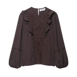 New Fashion Temperament Women's Pure Color Flower Embroidery Shirt