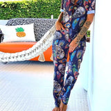 Women Streetwear Loose Jumpsuit Fashion Button-down Skull Print V-neck Short Sleeve Overalls for Female