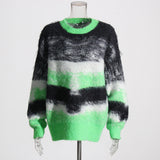Fashion Trend Style Temperament Loose Round Collar Knitted Shirt 2025 Summer New Splicing Color Cover Striped Sweater