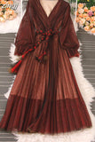 Autumn Women Mesh Pleated Long Dress Vintage Pink/Yellow/Brown V-Neck Flare Sleeve Draped Maxi Vestidos With Belt