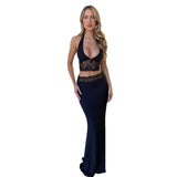 Women's New Fashion Hanging Neck Umbilly Sexy Sling Vest Lace Skirt Suit
