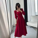 New Women Vintage Elegant Party Midi Red Dress Lady Birthday Party A Line Fashion Robe Female Clothing