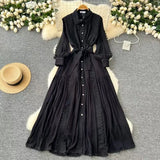 Elegant Dress Women Autumn Fasting Small High-Grade Lace Splicing Single Buckle Waist Over Knee