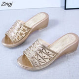 new women's slippers comfortable breathable wedge with thick bottom versatile mesh rhinestone slippers