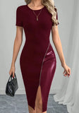 Zippered Short Sleeve Black PU Thighs Open Tight