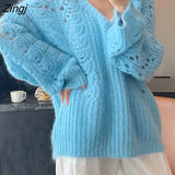 Women Spring Hollow Out V-neck Soft Sweater 3 Colors All-match Pure Simple Female Design Clothes Knitwear Basic