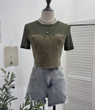 Summer Denim Splicing Mesh Yarn Short-Sleeved T-Shirt Design Fake Two Hot Girl Short Top