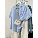 Embroidered Blue Short Sleeve Shirt Women's Easier Summer 2025 New Design Sense Small Shirt Casual