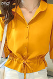 Women Solid Turn-down Collar Half Sleeve Chiffon Shirt Fashion Casual Shirring Single-breasted Blouses Female