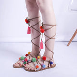 Summer New Famous Wind Color Hairball Sandals Female Wrist Strap 43 Yards Flat Bottom Roman Women's
