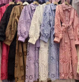 Style Dress Woman 2025 New Heavy Industry Embroidery Hollow Flower Buckle Repair In The Long Bubble Sleeve