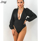 Black Deep V Neck Bodysuit Women Sexy Puff Sleeve Bodycon Jumpsuit Solid Elastic Casual Party Winter Bodysuits Body