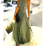 Women Elegant Polka Dot Print Chiffon Pleated Maxi Dress Boho Style Sleeveless Beach Wear Sexy Holiday Dress Long Dress