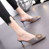 Women Wear Half-Slippers Women 2025 New French Water Drill High Heels Thin Heel Head Cool Drag