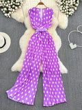 Red/Purple/Orange Polka Dot Pleated Jumpsuits Women Elegant V-Neck Sleeveless High Waist Wide Leg Loose Romper