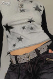 90s Vintage Grunge Patchwork T-shirts Y2K Harajuku Star Crop Top Grey Retro Women O Neck Full Sleeve Fall Spring