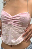 Women Y2K Backless Floral Crop Tops Vintage Sexy Halter Tie Up Off Shoulder Camisole Summer Cute Mini Vest