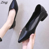 Women Leather Pumps Shoes Office Lady Med Square Heel Pointy Toe Slip On Work Shoes Classic Heel 4
