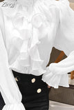 Fashion Chiffon Lace Shirts Stand Collar Korean Ruffles Stitching Button Blouse Woman Long Flare Sleeve Loose Tops