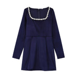 2025 New Women's French Retro Square Collar, Long Sleeve, Slim Nail Bead And Inset Velvet