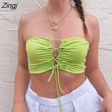 Women Summer Tube Tops Solid Color Front Tie-Up Strapless Cropped Tops Slim Fit Backless Camis Tops