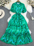Women Vintage Tie Dye Printed Ruffle Pleated Long Dress Purple/Red/Blue/Green Stand Collar Single Breasted Maxi Robe